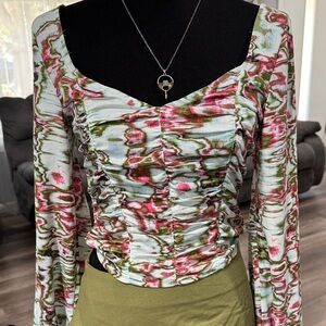 Chic Ruched Floral Blouse in Pink and Green